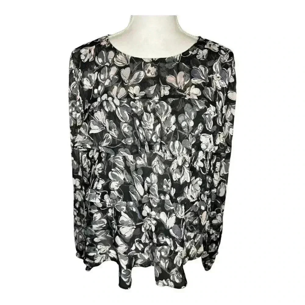 LOFT Outlet Women’s Medium Black Multi Floral Tiered Flutter Semi Sheer Top